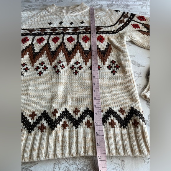 Vintage Mens Cream Red Fair Isle Grandpa Sweater Medium Acrylic 90s Old Money - Picture 7 of 7